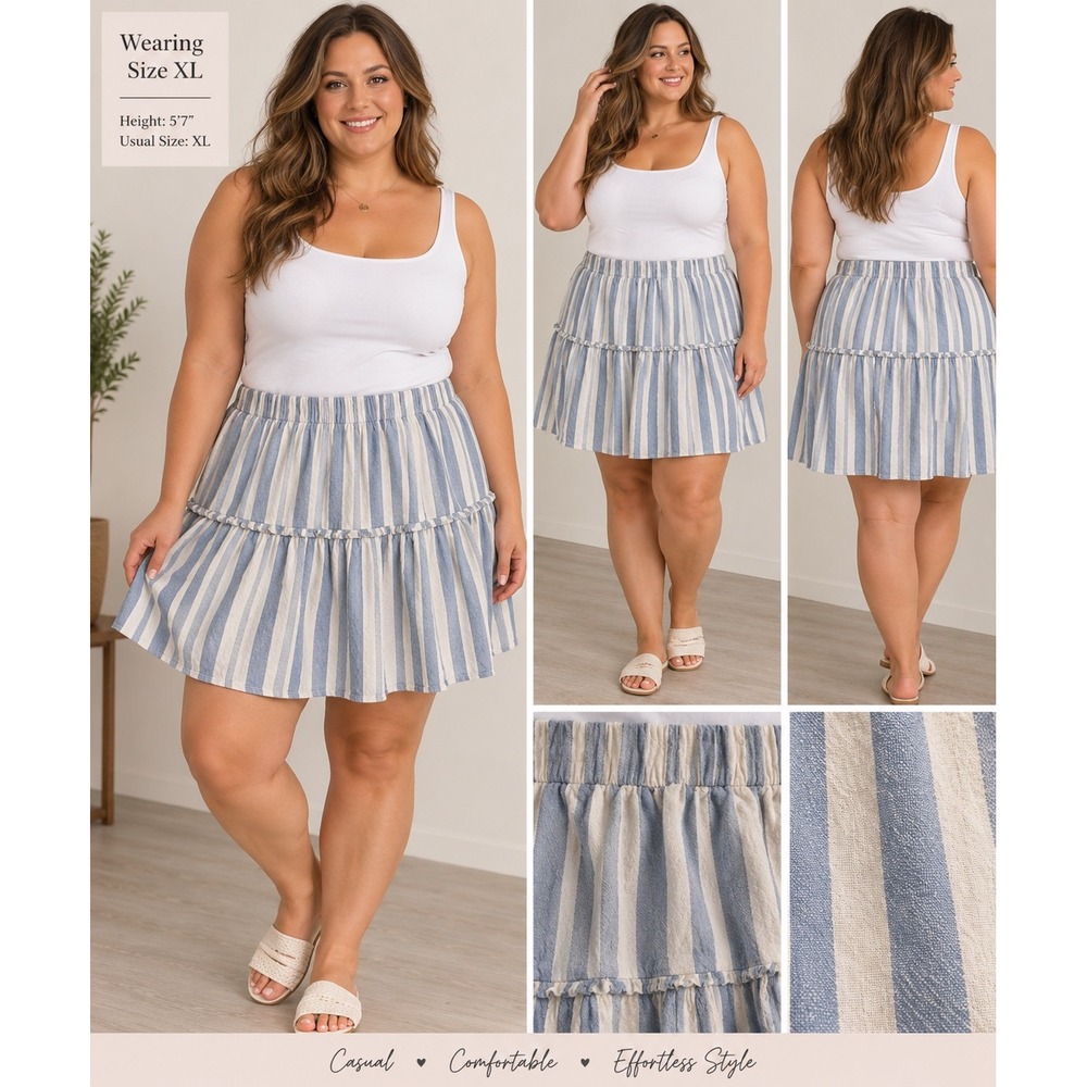 ANA A New Approach Blue White Striped Tiered Skirt XL Elastic Waist Seersucker